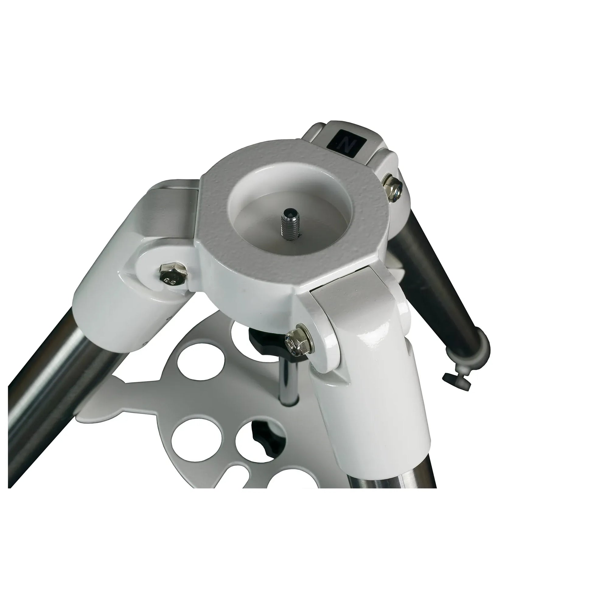 Close-up of a metal tripod with adjustable head on a white background