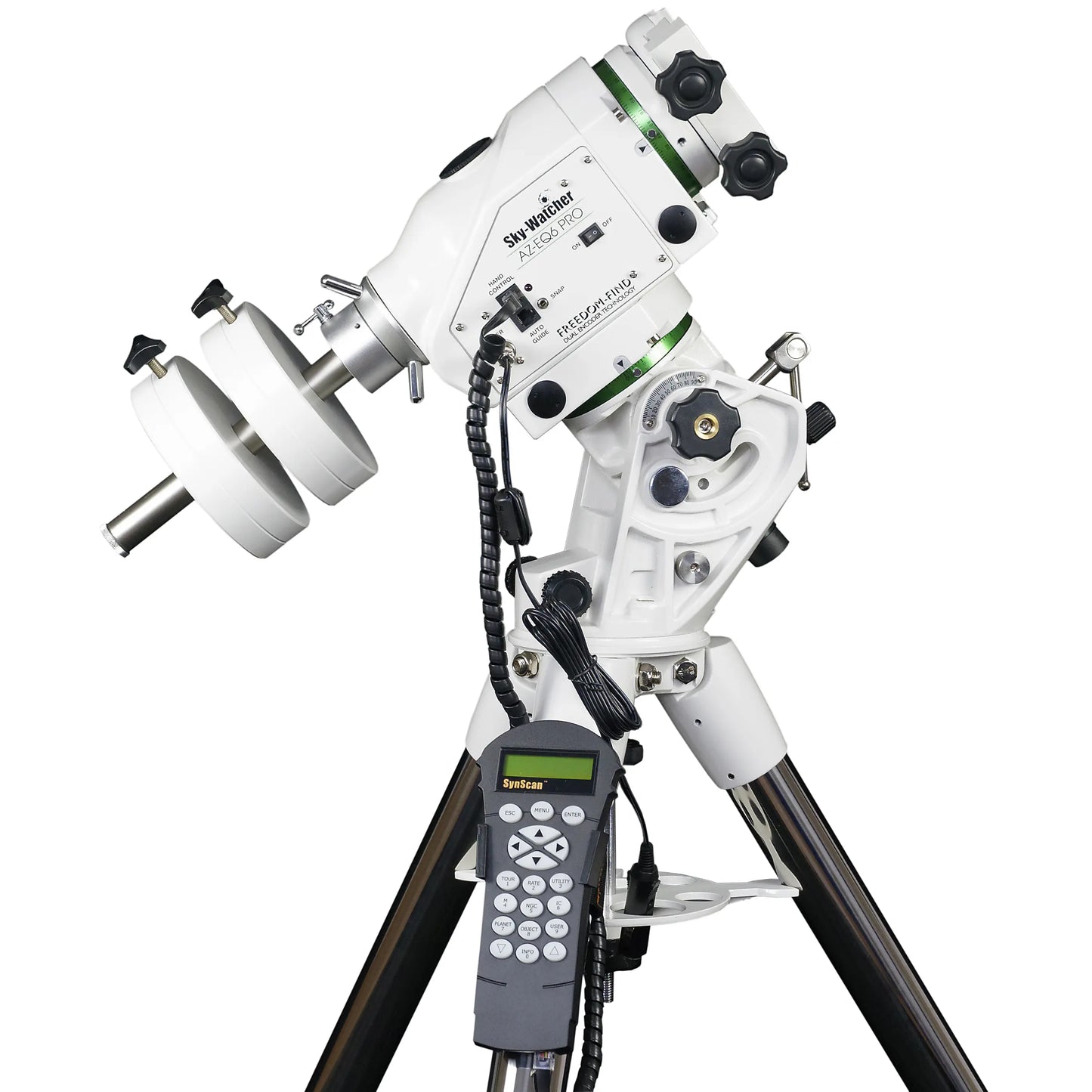 Telescope with a control unit on a white background