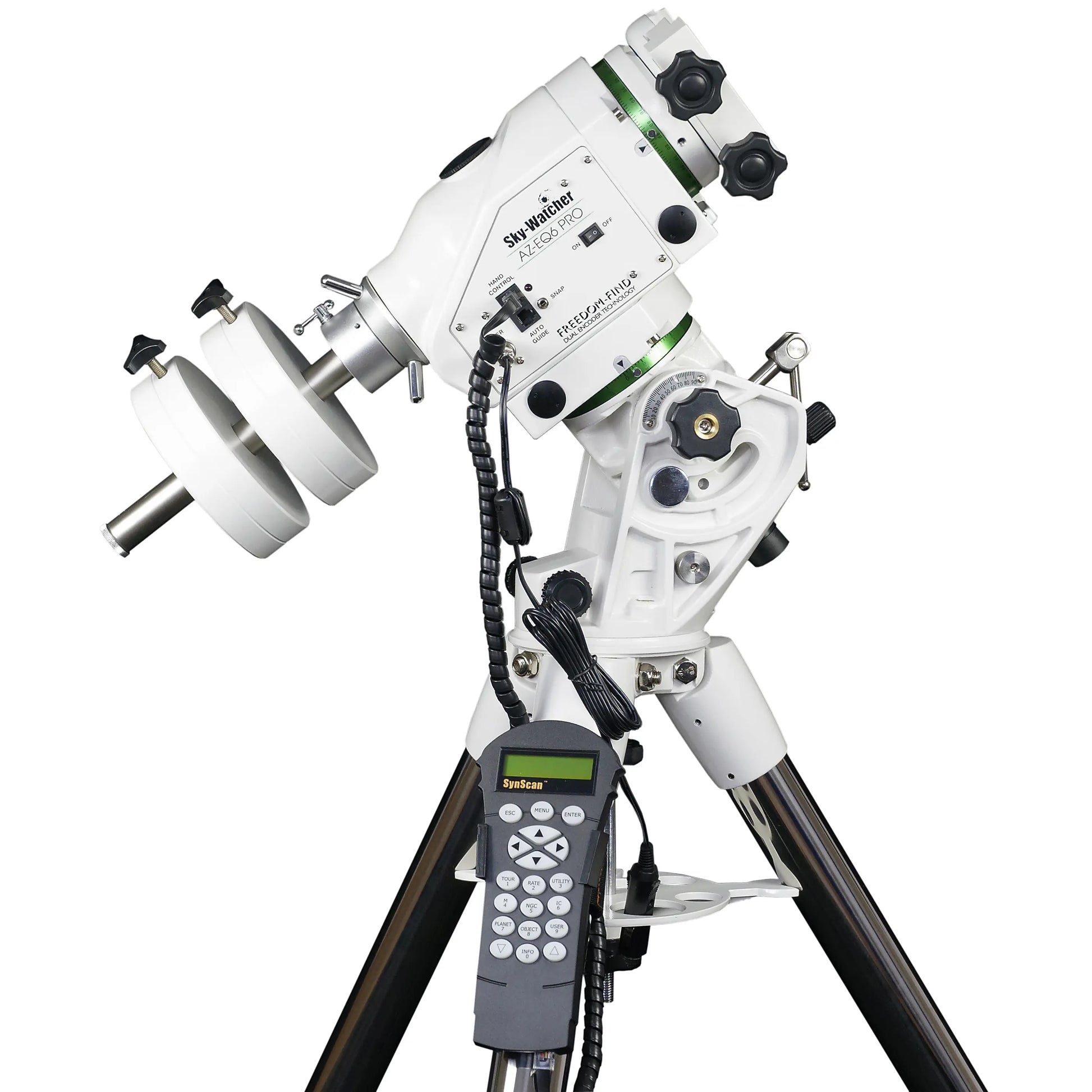 Telescope with a control unit on a white background