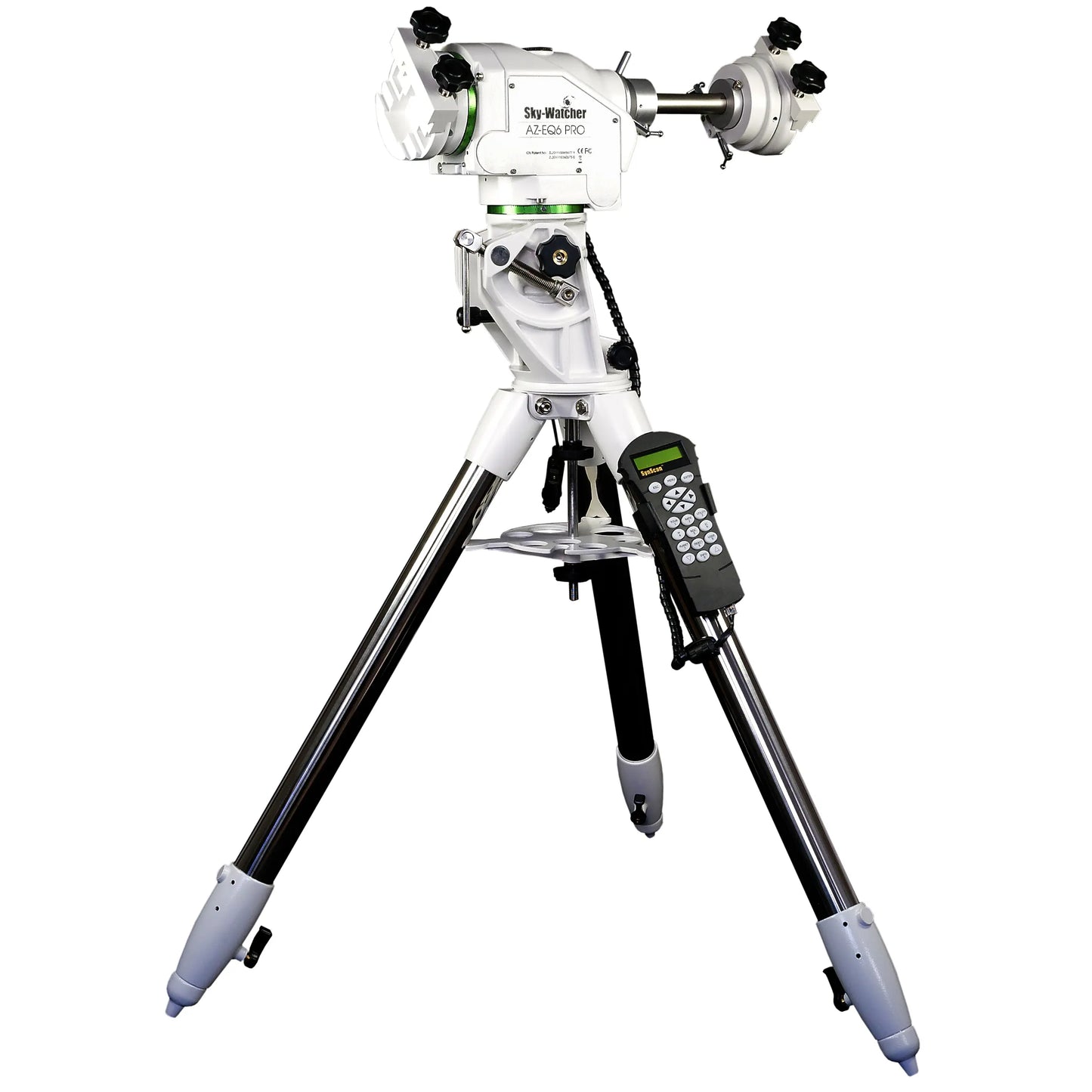 Telescope with tripod and control box on a white background