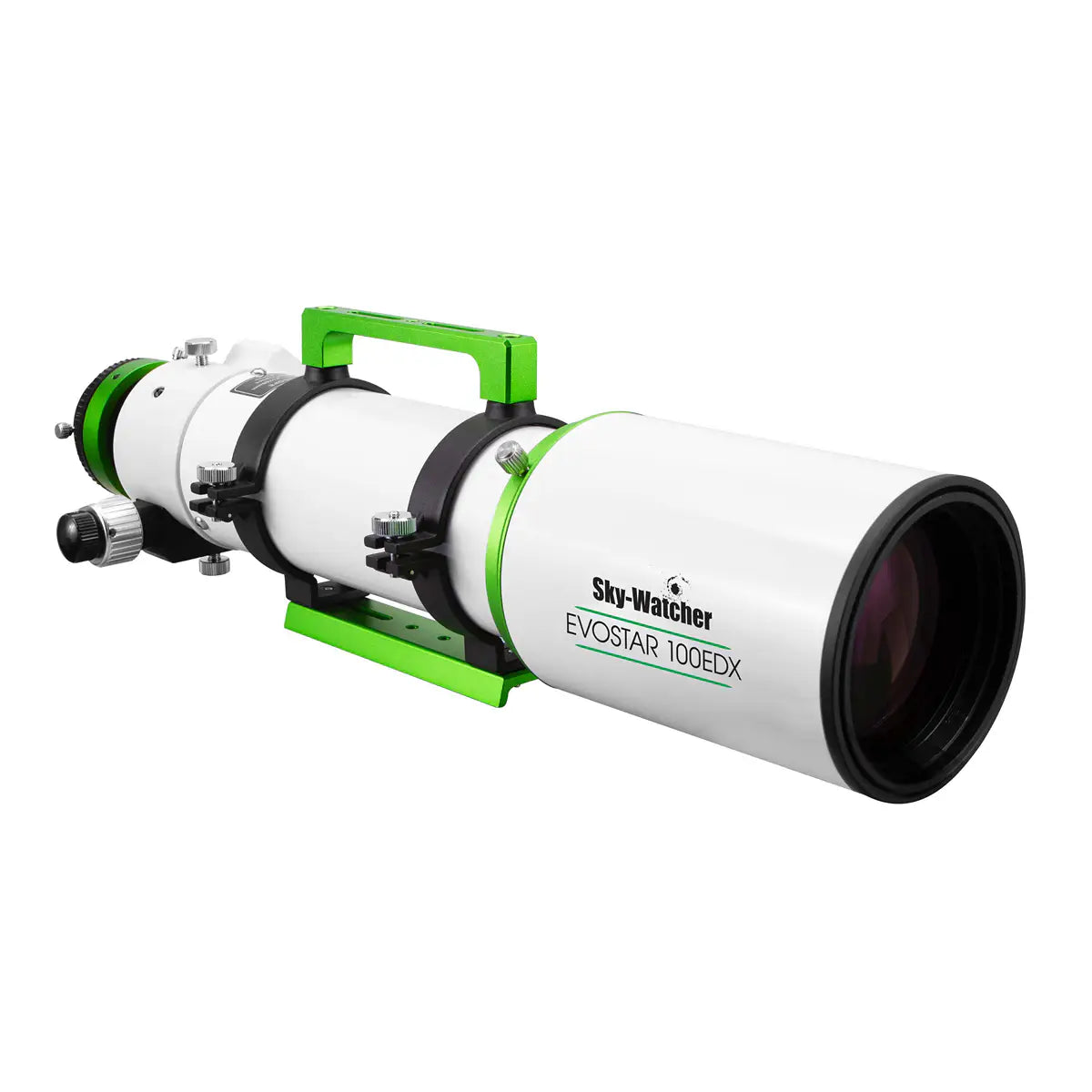 White telescope with green accents on a white background
