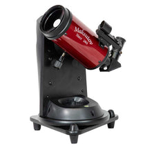 Red telescope with black stand on a white background