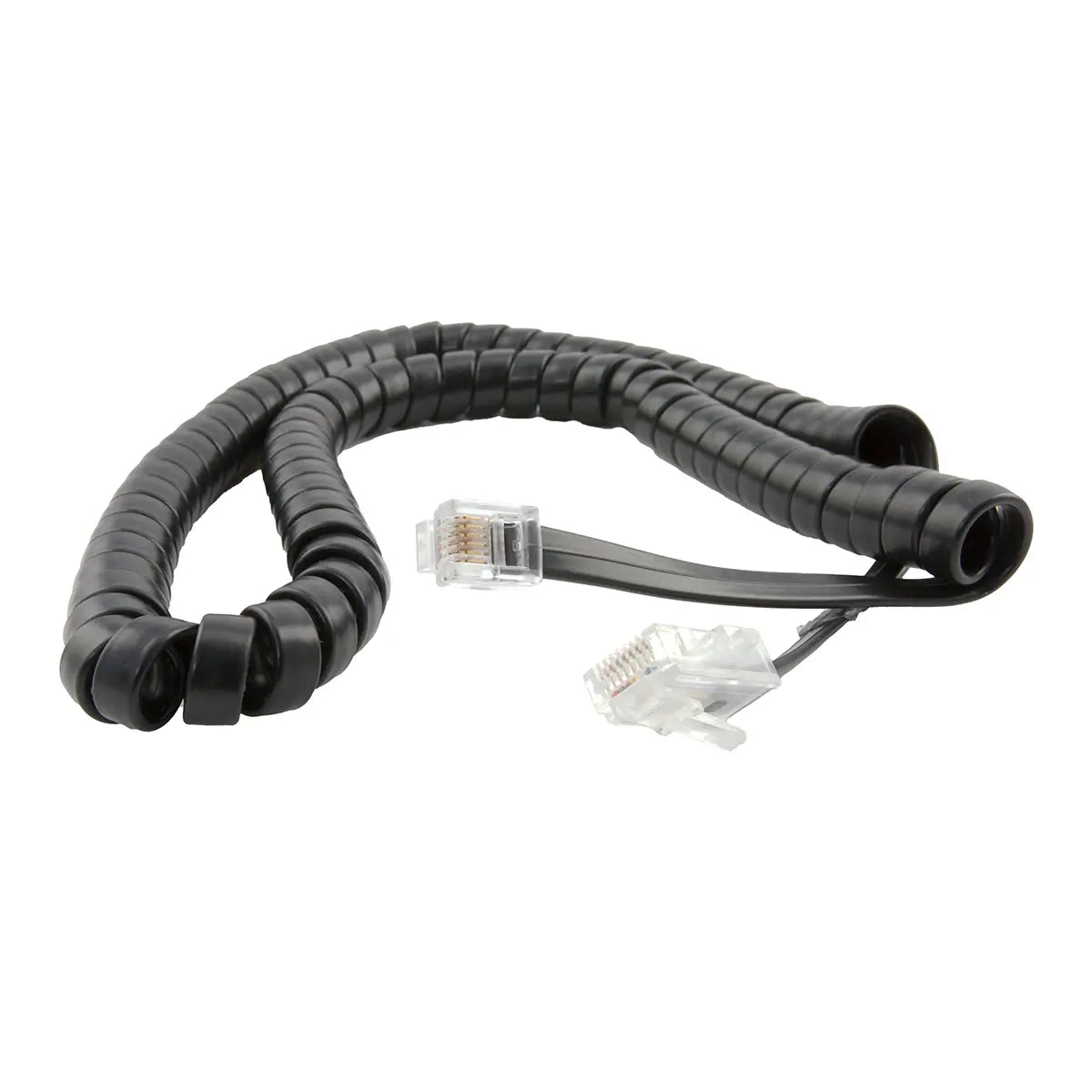 Black coiled phone cable with two connectors on a white background