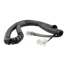 Black coiled phone cable with two connectors on a white background