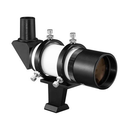 Black telescope with white lens on a white background
