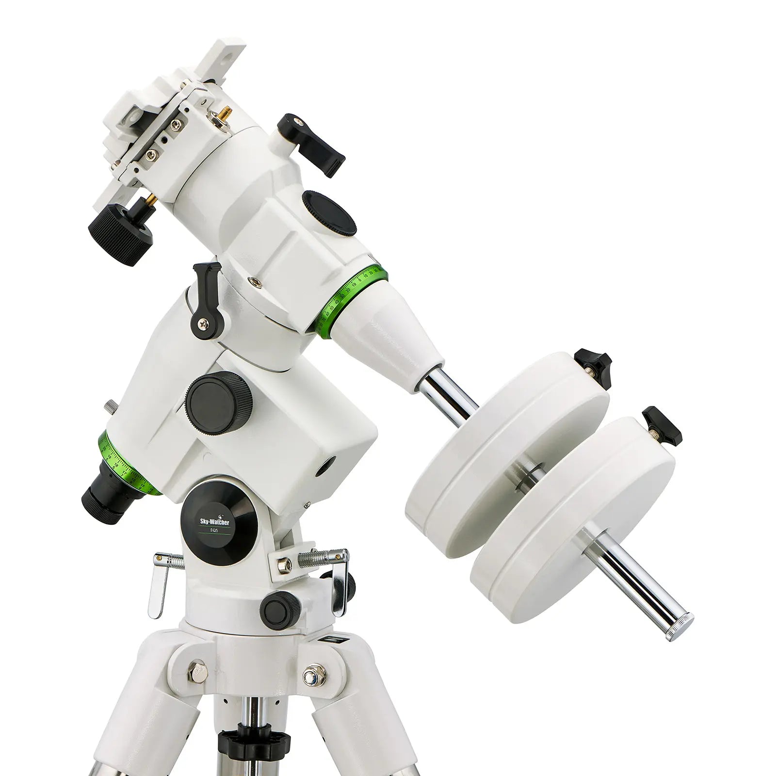 White telescope with green accents on a white background
