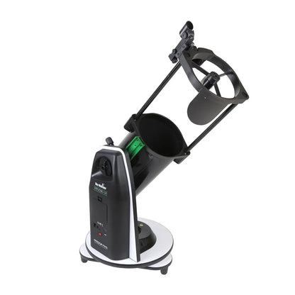 Black telescope with digital display on a white background