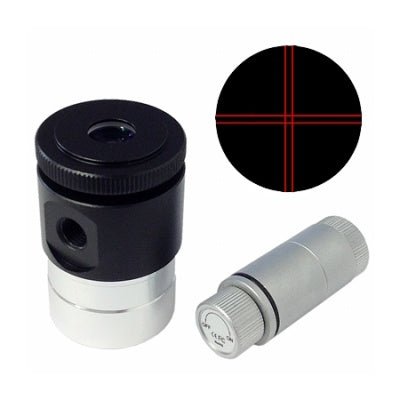 Optical eyepiece with red crosshair reticle on a white background